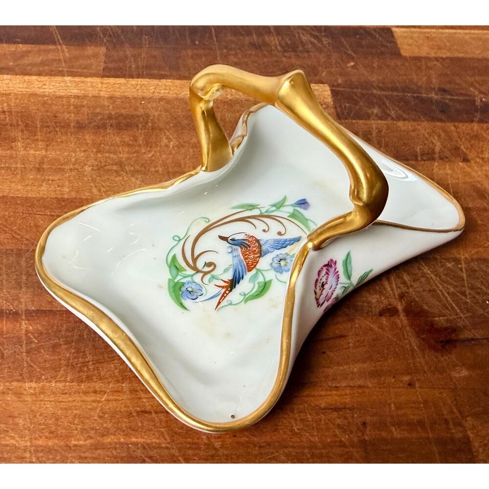 Vintage Limoges Castel Porcelain Basket Dish: Bird Floral Gold Gilt Handle - Picture 2 of 15